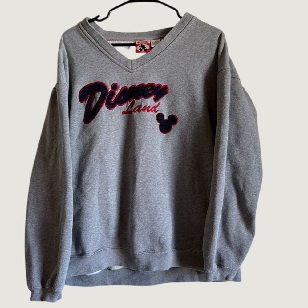Vintage Mickey Inc Disneyland V-Neck Sweatshirt Gray Chenille Logo Large Crew